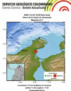 Se registra sismo de 4,7 cerca de las costas venezolanas