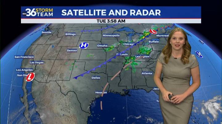 A passing cold front brings rounds of rain and cooler temperatures