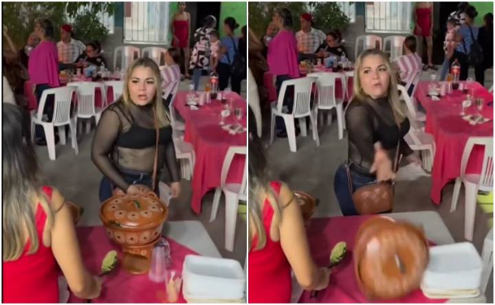Mujer lanza cazuela con comida en evento en Mazatlán y usuarios la apodan “Lady hambreada”⁠