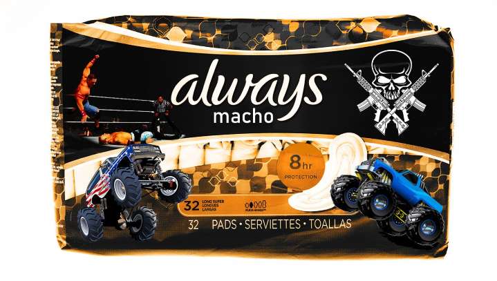 Always Appeals To Men With Pads Featuring Pictures Of Monster Trucks, Pro Wrestlers