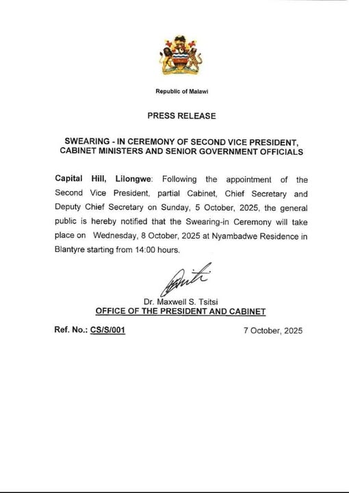 Enock Chihana to Be Sworn In as Second Vice President Tomorrow