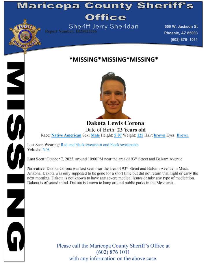 Dakota Lewis Corona, 23, missing from Mesa, MCSO says