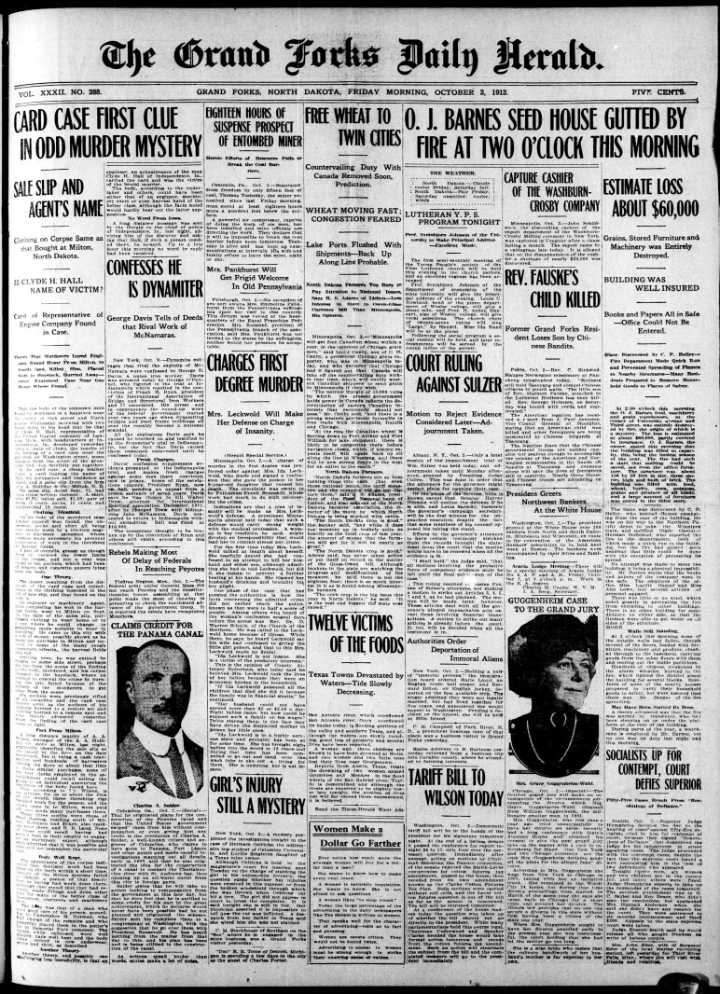 Today in History: October 3, 1913 - Milton, N.D., sales slip provides clue in odd murder mystery