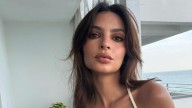 Emily Ratajkowski puts a casual twist on the naked dress trend in an oversized white tee