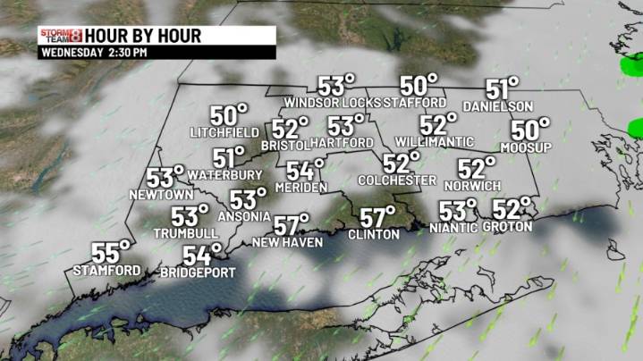 Cloudy and brisk with a spotty shower Wednesday. A period of heavy rain Thursday afternoon/evening and windy