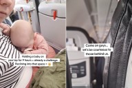 Mom Sits with Baby on an Airplane, Person in Front Reclines Chair (Exclusive)