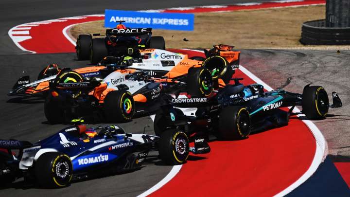 United States GP Sprint: Lando Norris, Oscar Piastri crash out in McLaren start disaster as Max Verstappen cashes in to win