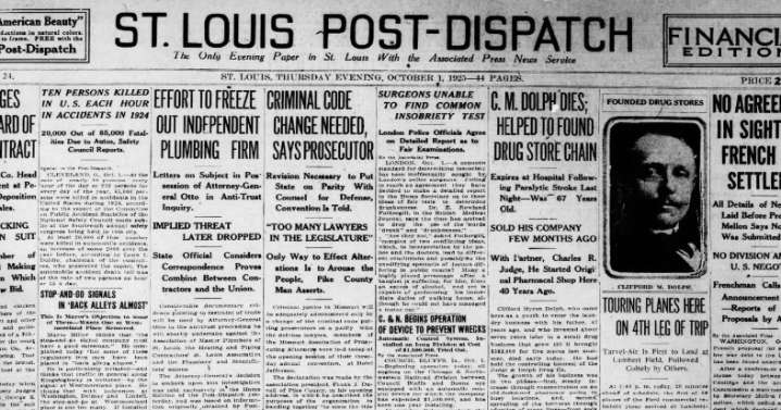See the Oct. 1, 1925, front page: Dolph dies; helped to found drug store chain