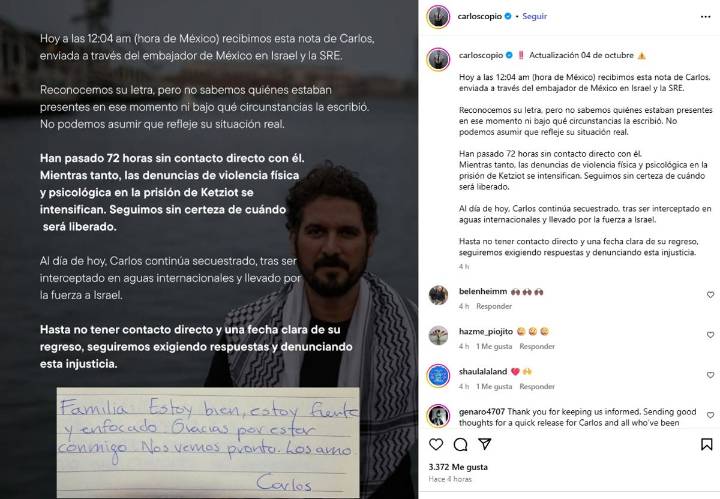 Pide familia de documentalista mexicano de flotilla a Gaza su pronta liberación