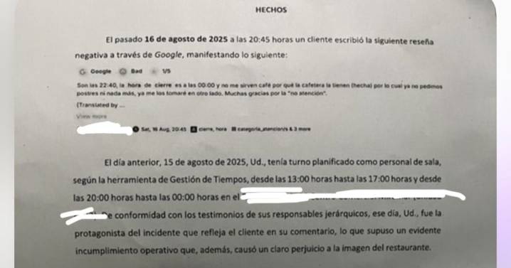 Suspenden de empleo y sueldo a una camarera por una reseña negativa en Google