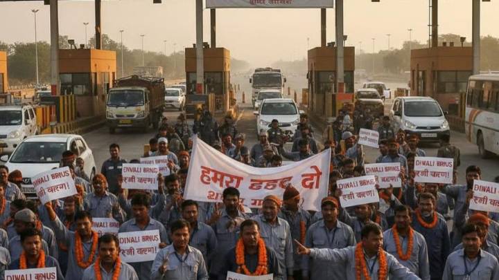 Toll workers protest for Diwali bonus at Agra