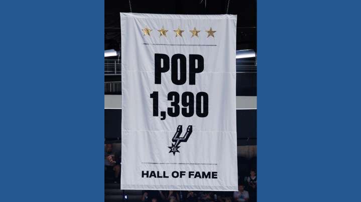 Spurs unveil Gregg Popovich's banner, celebrating his 1,390 wins and 5 NBA titles