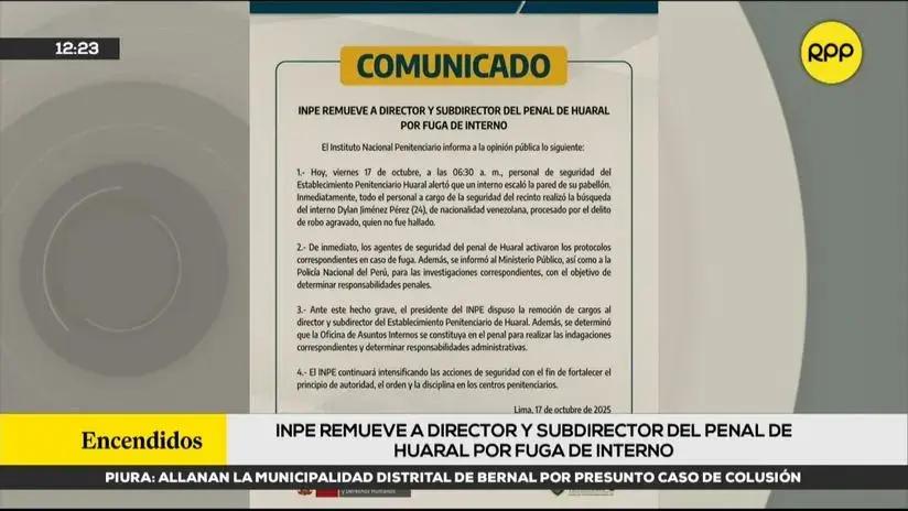 INPE remueve a director y subdirector del penal de Huaral por fuga de interno