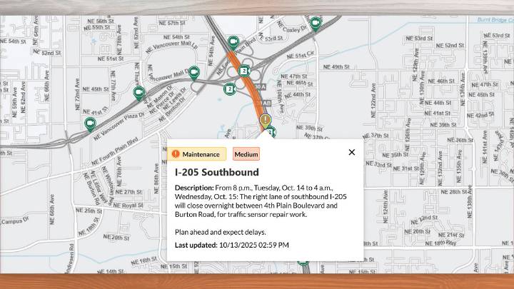 Expect overnight delays on I-205 in Vancouver for utility work Oct. 14
