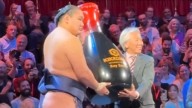 Viral! Sumo Wrestler Presented With Giant Soy Sauce Bottle After Winning The Tournament In London; Video