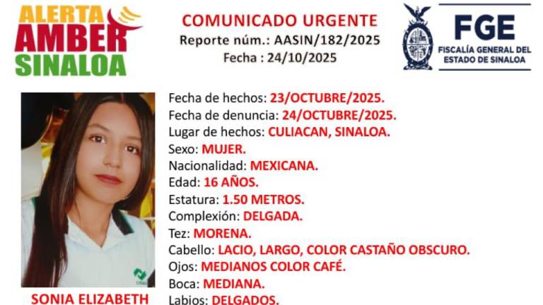 Activan Alerta Amber en Culiacán por la desaparición de Sonia Elizabeth; tiene 16 años