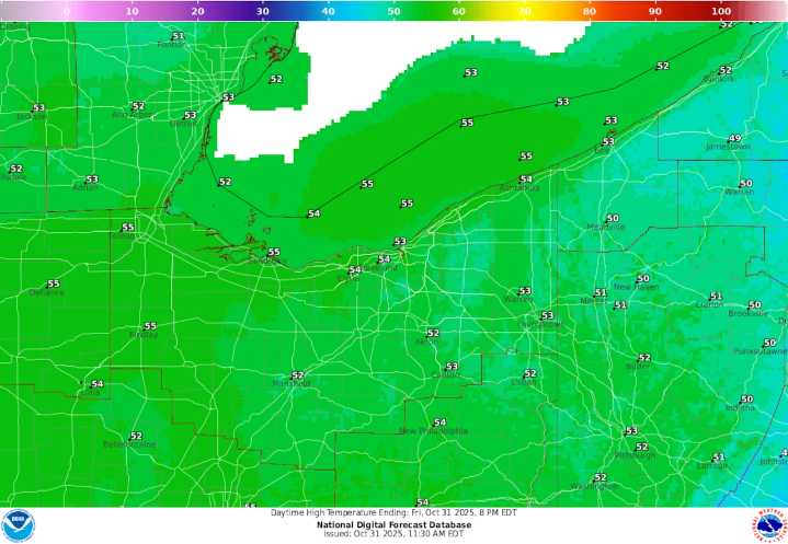 Cool, breezy Friday with spotty lake-effect showers before quieter weekend