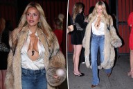 Brooks Nader suffers wardrobe malfunction as she spills out of unbuttoned blouse