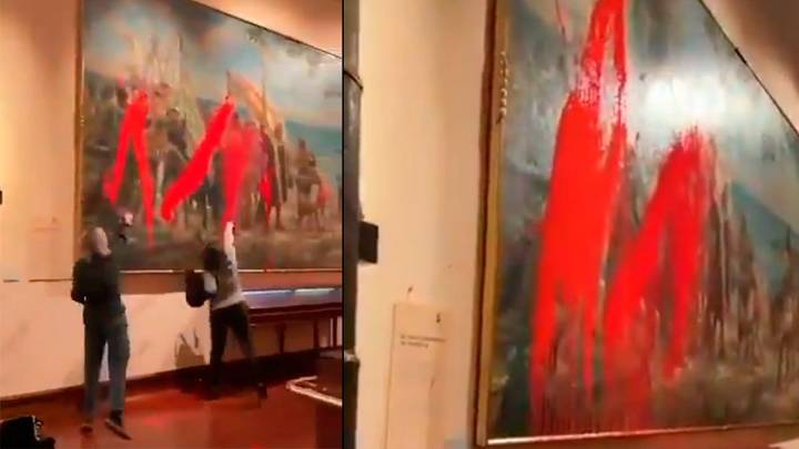 Activistas dañaron con pintura roja un cuadro de Cristóbal Colón en un museo de Madrid