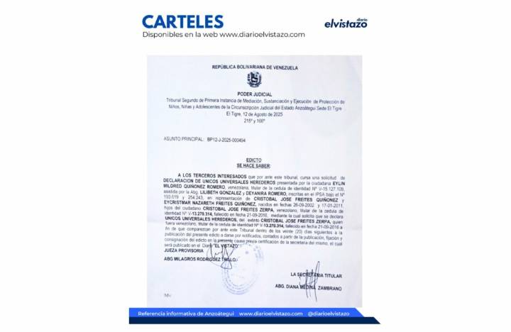 Edicto del Tribunal Segundo de Protección de Niños, Niñas y Adolescentes de El Tigre en atención a una solicitud de Declaración de Unicos y Universales Herederos de Cristóbal José Freites Zerpa