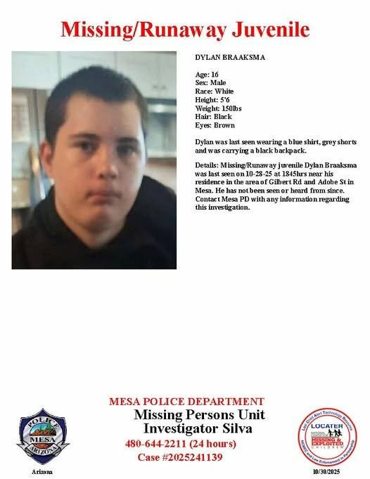 Dylan Braaksma, 16, missing from Mesa, police say
