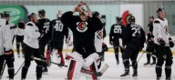 Ottawa Senators backup Leevi Merilainen makes a stop in Belleville