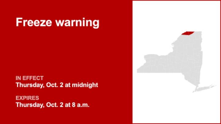 NY weather: Freeze warning for St. Lawrence and Franklin counties for Thursday