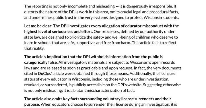 Wisconsin superintendent demands correction on sexual misconduct, grooming story