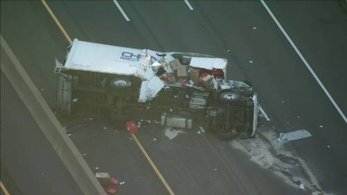Truck overturns on New Jersey Turnpike NB, near Exit 5, in Springfield Township, Burlington County
