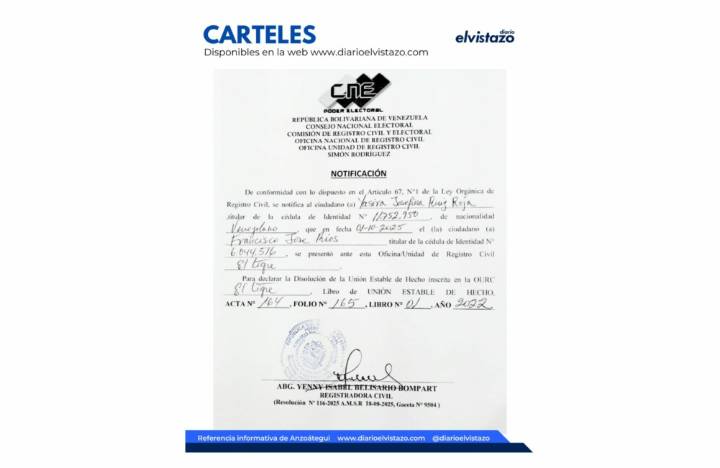 Cartel de Disolución de Unión Estable de Hecho del Registro Civil del municipio Simón Rodríguez en atención a Yasira Josefina Ruiz Roja y Francisco José Ríos