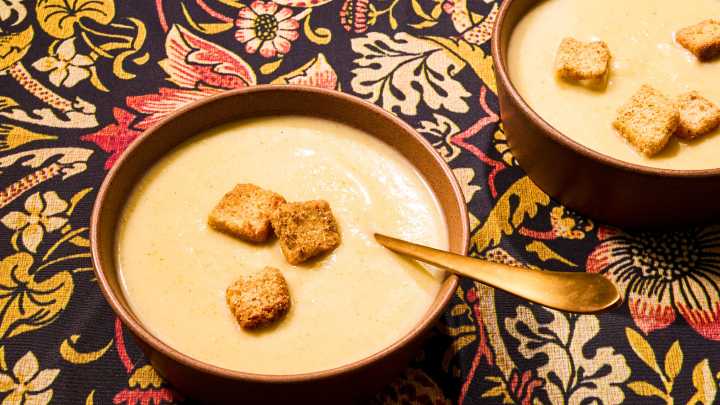 Make this cheesy soup from broccoli and cauliflower scraps