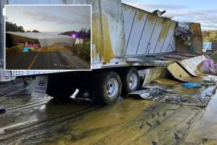 Illinois truck overturns spilling apple sauce over I57 highway