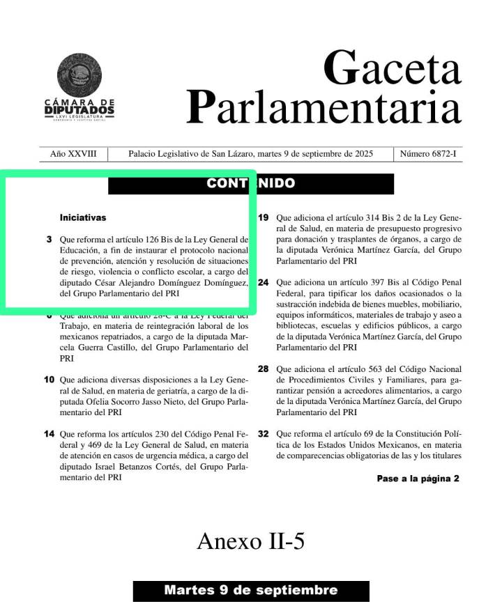 Aquí la iniciativa presentada en el Congreso de la Unión para instaurar protocolo nacional de prevención, atención y resolución de situaciones de riesgo, violencia o conflicto escolar
