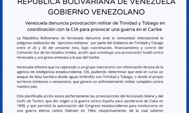 Venezuela denuncia provocación militar de Trinidad y Tobago