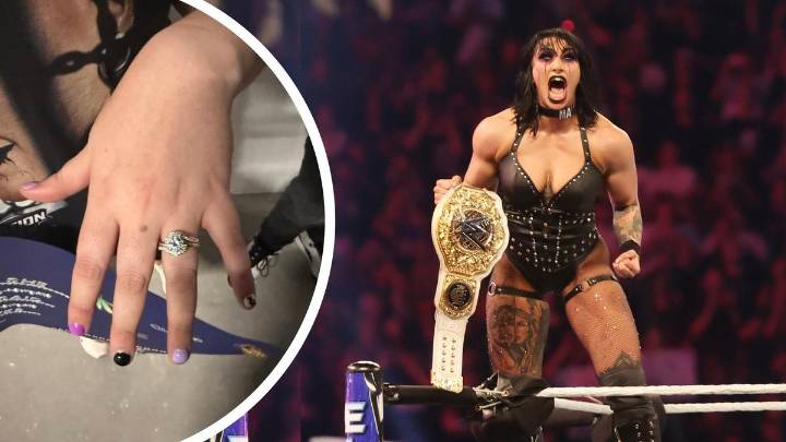 WWE superfan Jasper Oxford proposes in front of wrestling champion Rhea Ripley at Crown Jewel Superstore