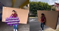Joven se vuelve viral por hacer el trend de llevar mochilas random a la escuela: en esta ocasión fue una caja de una televisión de pantalla plana.