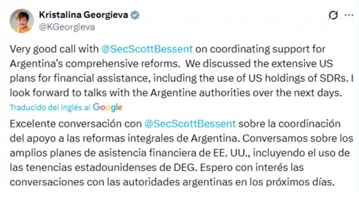 Kristalina habló con Bessent por Argentina