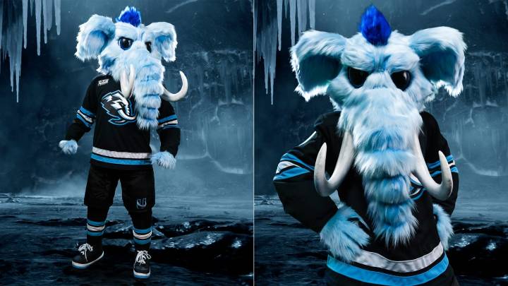 Mammoth mascot Tusky emerges from block of ice before home opener 