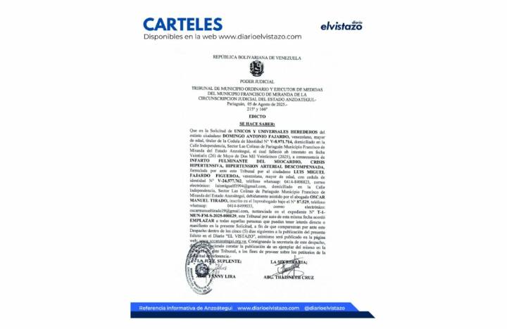 Edicto del Tribunal Municipal del municipio Francisco de Miranda, en atención a la solicitud de Declaración de Únicos y Universales Herederos de Domingo Antonio Fajardo