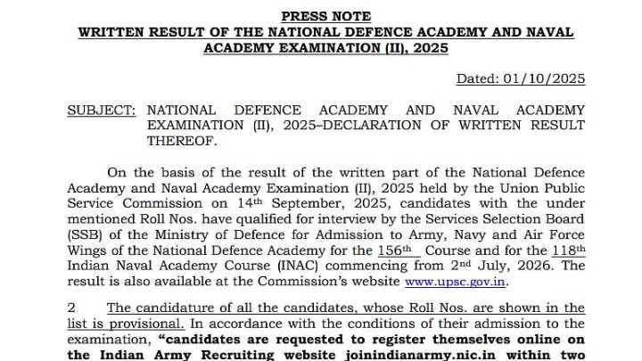 UPSC NDA NA 2 Results 2025 Released; Details Here