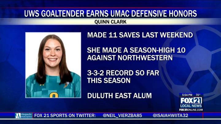 UWS Goaltender Quinn Clark Earns UMAC Defensive Player of the Week Honors