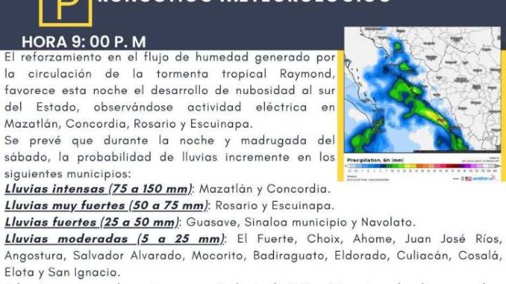Alertan lluvias intensas para Mazatlán y Concordia