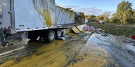 Semi overturns, spills 46K pounds of applesauce onto I