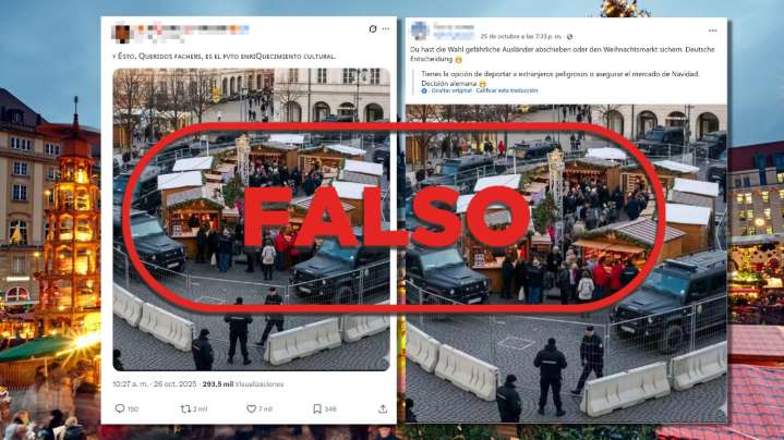 No es un mercado navideño rodeado por policías en Alemania, es una imagen generada con IA