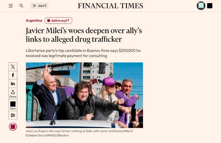 El caso Espert llegó al Financial Times: estalló "una nueva tormenta política" para Milei
