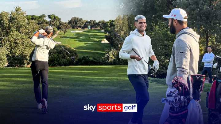 Carlos Alcaraz shows off his tee shot to Jon Rahm at Spanish Open Pro