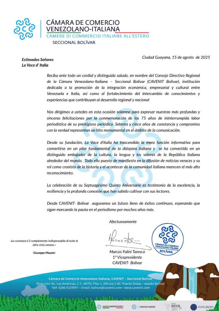 Un mensaje de afecto y admiración desde Ciudad Guayana por los 75 años de La Voce d’Italia