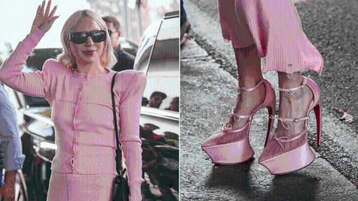 Lady Gaga Lands in Milan Wearing Avant Garde Curved Heels