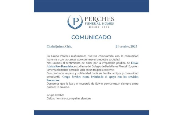Apoya Grupo Perches a familia de Edwin con servicios funerarios