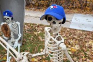 World Eeries? Halloween skeleton display features Dodgers vs Jays